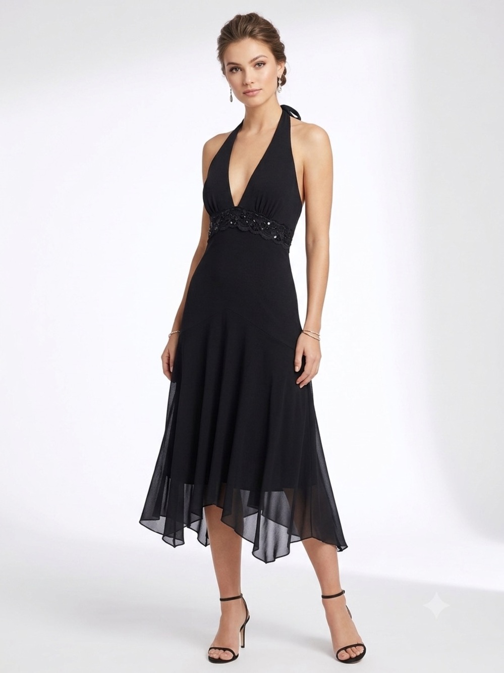 Anthropologie Weston Wear Black Halter Midi Dress Sequins Mesh Size M
